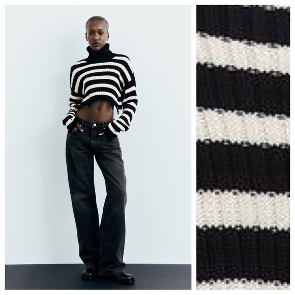 NWOT. Zara Black/White Striped Cropped Turtleneck Sweater. Size XS. - Picture 1 of 11